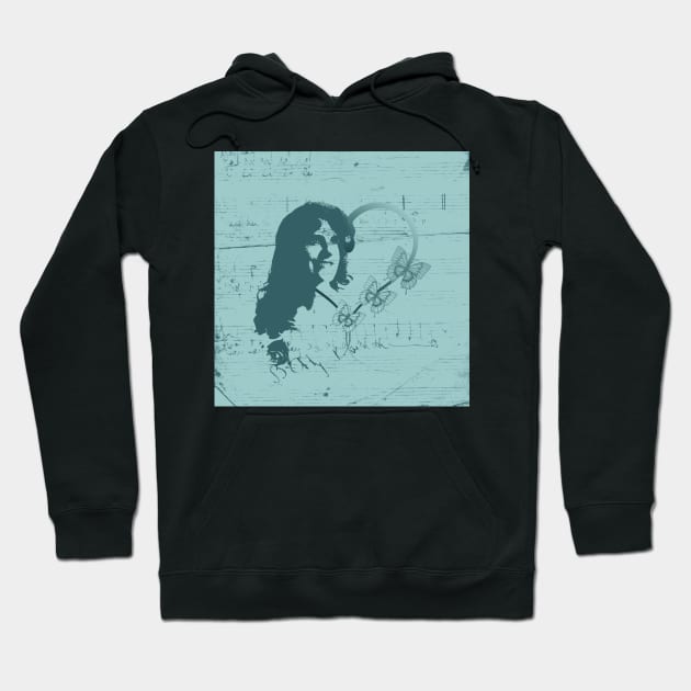 Female Silhouette Soprano Opera Singer, Music, Handwritten Scales, Butterflies and Hearts in Teal Hoodie by karenmcfarland13